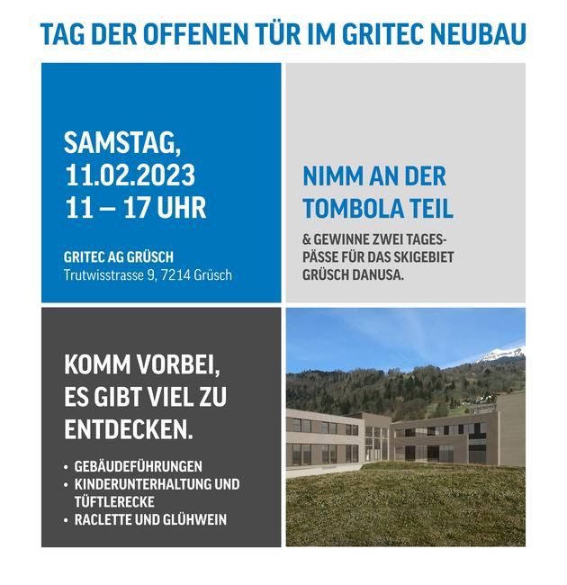 Flyer von Tag der offenen Tür der GRITEC in Grüsch vom Februar 2023